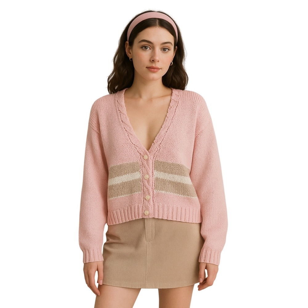 JJ FARGO 90s‎ Hand Knit Cardigan Bubblegum Pink Striped Chunky Preppy Sweater L
